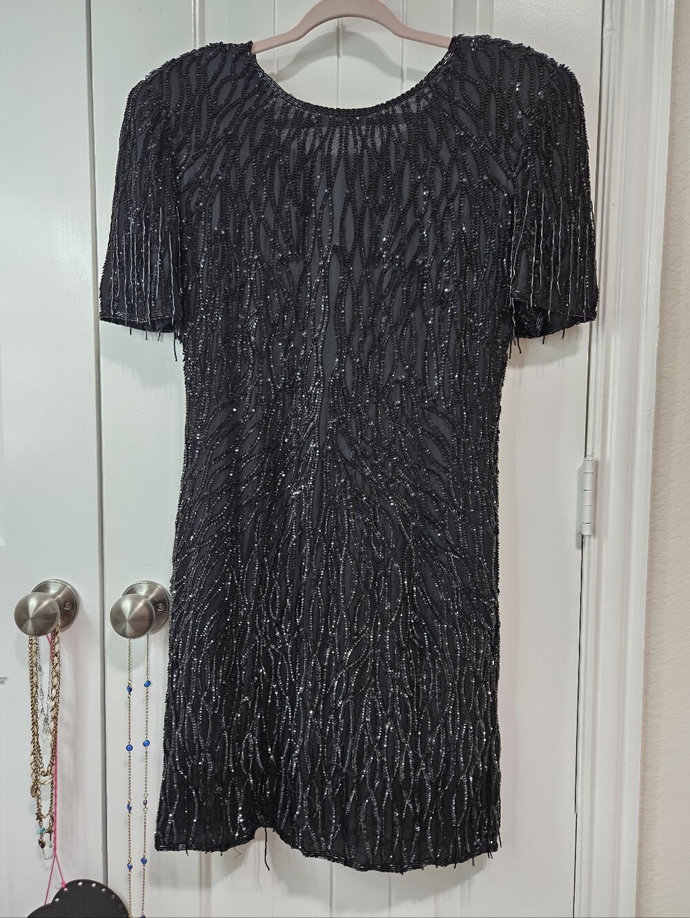 Vintage Black Beaded Short Sleeve Cocktail Dress with open back...she clsssy!
